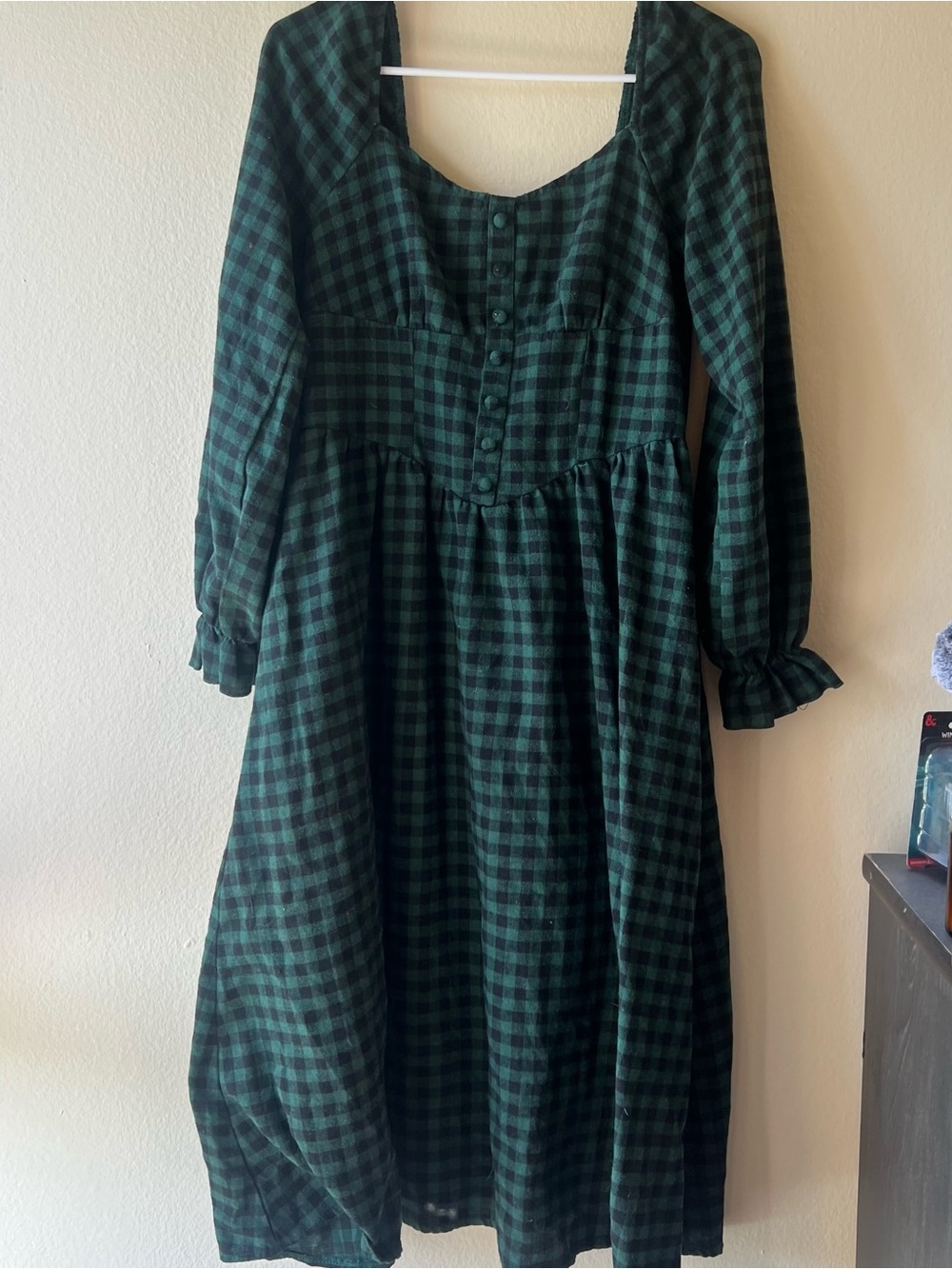 ROMWE Dark Green Check Long Sleeve Midi Dress